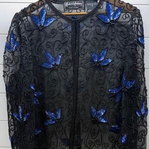 Robert Anthony Vintage Silk Beaded Sequin Butterfly Evening Jacket Black Blue S